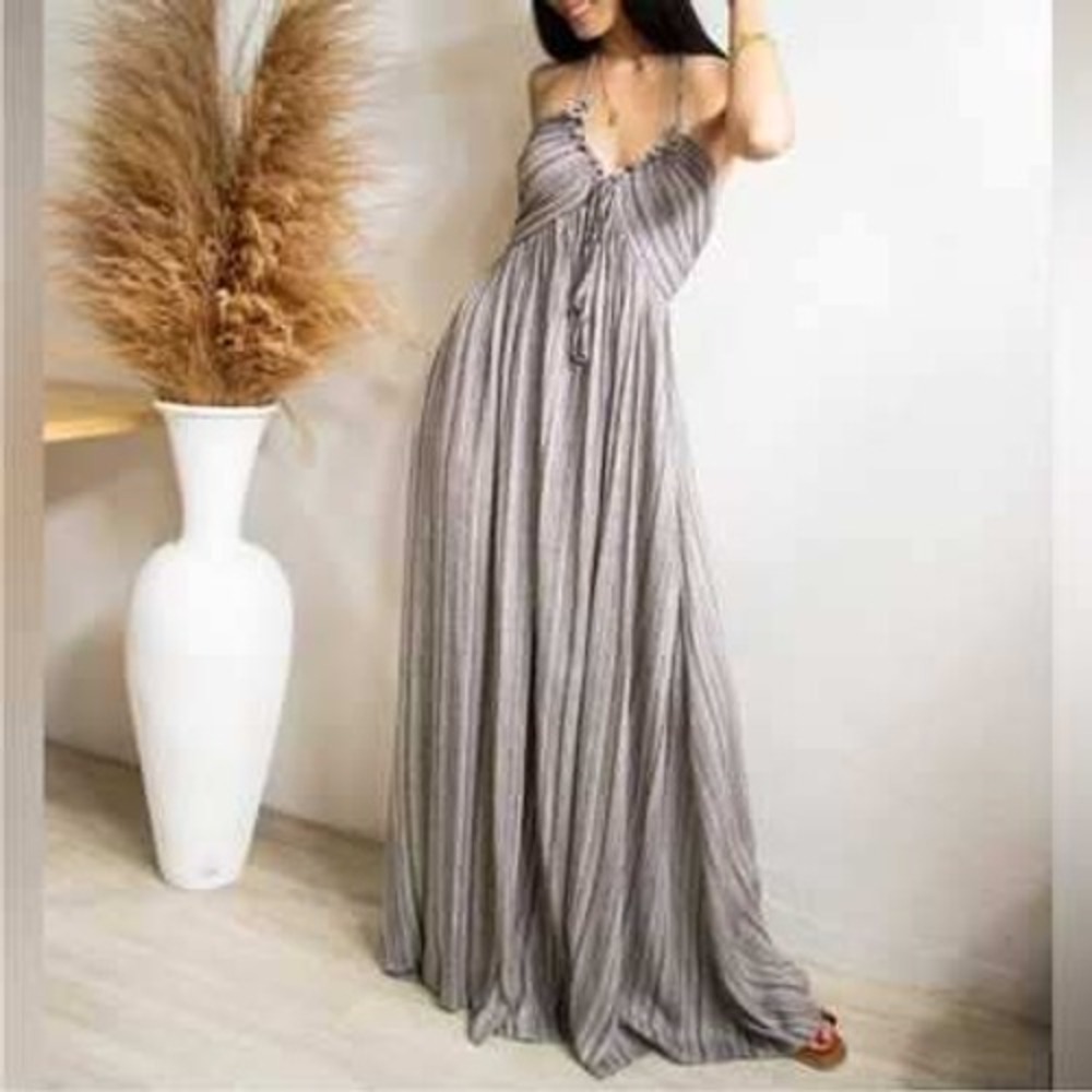 Commense Striped Maxi Dress Women's Sleeveless Backless Tie Beach Bohemian‎ M